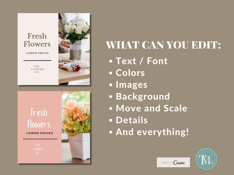 May include: Two pink and white square social media graphics with the text "Fresh Flowers Lower Prices" and the logo "The Flower Co.". The graphics feature images of white and peach flowers in vases.