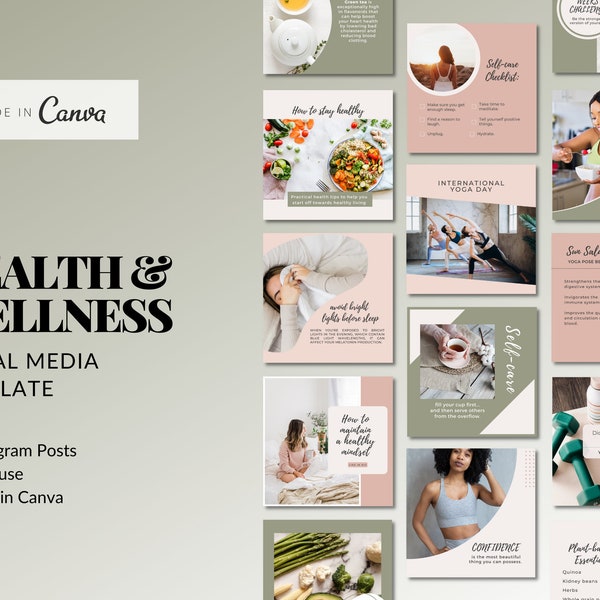 80 Health and Wellness Instagram Template | Social Media posts for Health and Wellness | Feminine Branding | Yoga Coach | Self-care Template