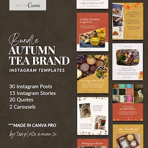 Puede incluir: Imagen promocional para una marca de té de otoño, con plantillas de Instagram. El diseño incluye varios diseños con texto como "Ginger Turmeric comfort tea" y "Tea & Snack Pairings Made Easy". La imagen también incluye el texto "Made in Canva Pro".