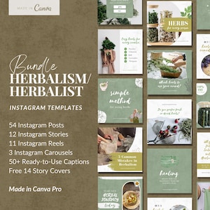 May include: A bundle of Instagram templates for herbalism and herbalists. The templates include 54 posts, 12 stories, 11 reels, 3 carousels, 50+ captions, and 14 story covers. The design features green and white elements.