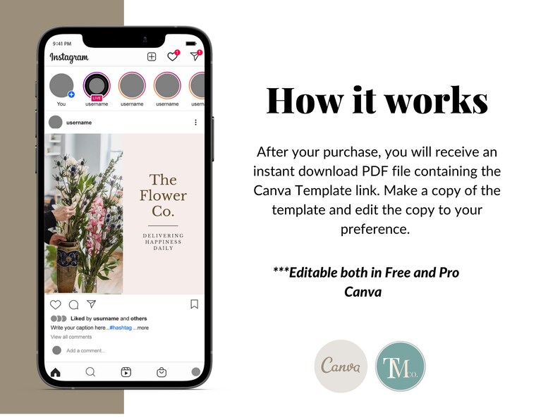 May include: A phone screen displaying an Instagram post with a photo of a bouquet of flowers in a vase. The post is for a business called "The Flower Co." and the caption says "Delivering Happiness Daily".