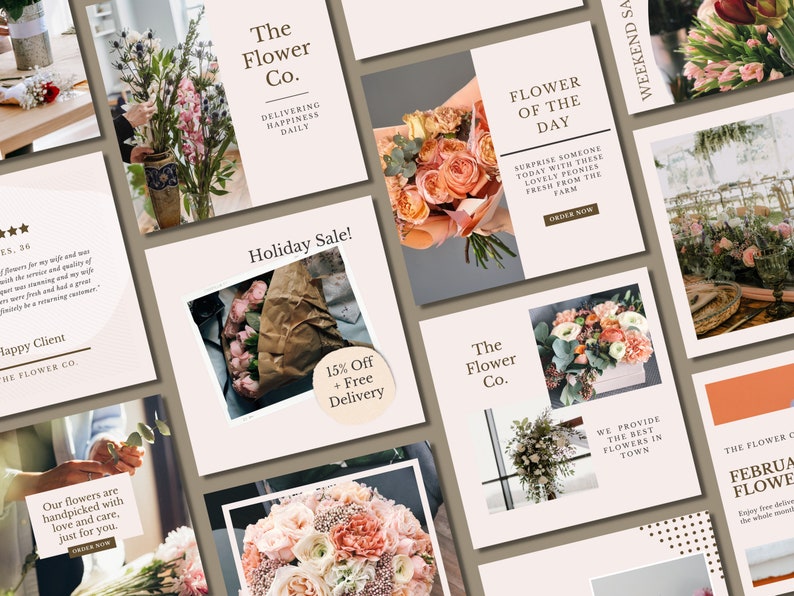 May include: A collection of social media graphics for a flower shop. The graphics feature various bouquets of flowers, including pink peonies, white roses, and pink and white carnations. The graphics also include text such as "The Flower Co.", "Holiday Sale! 15% Off + Free Delivery", and "Flower of the Day".