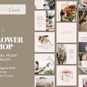 May include: A collection of social media templates for a flower shop. The templates feature images of flowers, bouquets, and floral arrangements. The text on the templates includes phrases like "Fresh Flowers", "Weekend Sale", "Organic Flowers", and "The Flower Co."