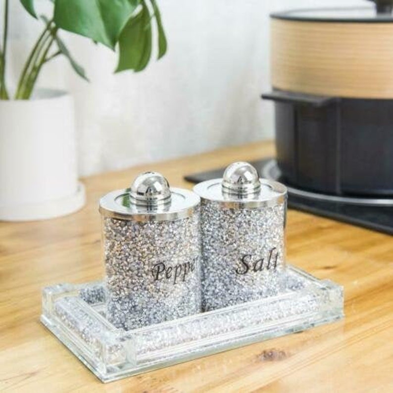Kitchen Black/silver  Crushed Crystal Diamond Tray With Salt And Pepper Shakers