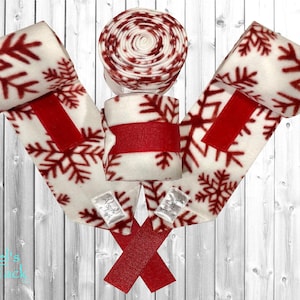 Red and White Snowflake Christmas Fleece Polo Wraps Horse Size Set of Four