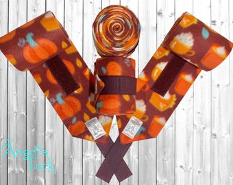 Pumpkin Spice Burgundy and Orange Fall Print Horse Size Fleece Polo Wraps Set of Four