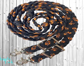 Fireman Black and Orange 8ft 9 Strand Adjustable Braided Knotted Paracord Barrel Reins Roping Reins and Wither Strap Set Horse Pony Mini