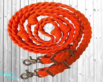Neon Orange Solid 8ft 9 Strand Adjustable Braided Knotted Paracord Barrel Reins Roping Reins and Wither Strap Set Horse Pony Mini
