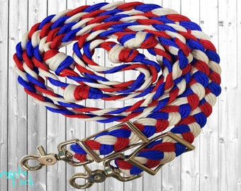 4th of July Red White Blue 8ft 9 Strand Adjustable Braided Knotted Paracord Barrel Reins Roping Reins and Wither Strap Set Horse Pony Mini