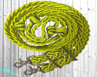 Neon Yellow Diamond Patterned 9 Strand Adjustable Braided Knotted Paracord Barrel Reins Roping Reins and Wither Strap Set Horse Pony Mini