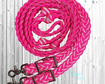 Angel Hot Pink and White Adjustable 9 Strand Braided Knotted Paracord Barrel Reins and Wither Strap Set Horse Pony Mini Sizes