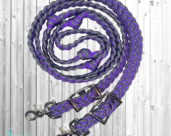 Charcoal Grey and Purple Adjustable Braided Knotted Paracord Barrel Reins Wither Strap Set Horse Pony Mini Sizes