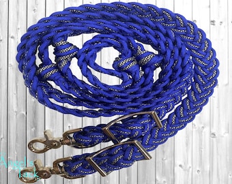 Royal Blue Diamond Patterned 9 Strand Adjustable Braided Knotted Paracord Barrel Reins Wither Strap Set Horse Pony Mini Sizes