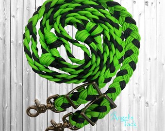 Added Money Neon Green and Black Adjustable 9 Strand Braided Knotted Paracord Barrel Reins and Wither Strap Set Horse Pony Mini Sizes