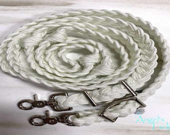 White 8ft 9 Strand Adjustable Braided Knotted Paracord Barrel Reins Roping Reins Wither Strap Set Horse Pony Mini