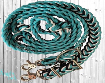Crowhop Turquoise White and Black Adjustable 9 Strand Braided Knotted Paracord Barrel Reins and Wither Strap Set Horse Pony Mini Sizes