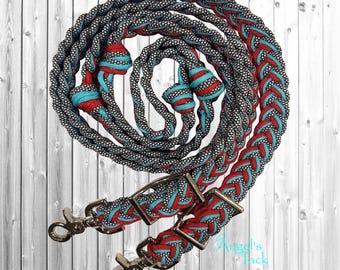 Aztec Bling Red Turquoise and Black Diamond Patterned Adjustable Braided Knotted Paracord Barrel Reins Wither Strap Set Horse Pony Mini