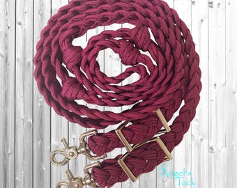 Solid Burgundy 8ft 9 Strand Adjustable Braided Knotted Paracord Barrel Reins Roping Reins and Wither Strap Set Horse Pony Mini