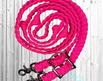 Solid Hot Pink 8ft 9 Strand Adjustable Braided Knotted Paracord Barrel Reins Roping Reins and Wither Strap Set Horse Pony Mini