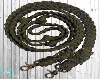 Olive Green 9 Strand Adjustable Braided Knotted Paracord Barrel Reins Wither Strap Set