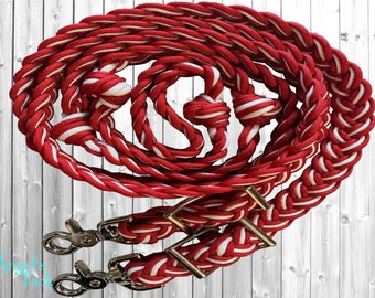 Candy Cane Red and White Adjustable 9 Strand Braided Knotted Paracord Barrel Reins and Wither Strap Set Horse Pony and Mini Sizes