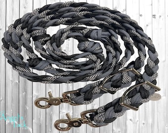 Snow Leopard Grey and Black 8ft 9 Strand Adjustable Braided Knotted Paracord Barrel Reins Roping Reins and Wither Strap Set Horse Pony Mini