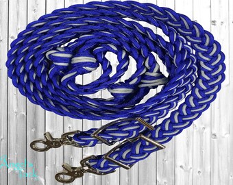 Colt Royal Blue and Light Grey Adjustable Braided Knotted Paracord Barrel Reins and Wither Strap Set Horse Pony Mini Sizes