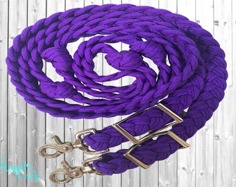 Purple Solid Color 8ft 9 Strand Adjustable Braided Knotted Paracord Barrel Reins Roping Reins and Wither Strap Set Horse Pony Mini