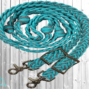 Turquoise Diamond Patterned 8ft 9 Strand Adjustable Braided Knotted Paracord Barrel Reins Roping Reins and Wither Strap Set Horse Pony Mini
