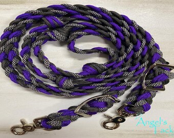 Hustle Purple Charcoal and Diamond Pattern 8ft 9 Strand Adjustable Braided Knotted Paracord Barrel Reins Wither Strap Horse Pony Mini