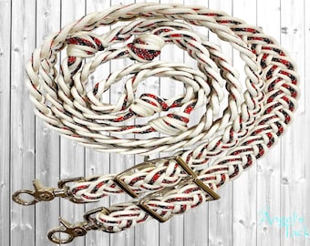 Poker Reins White Red and Black Patterned 8ft 9 Strand Adjustable Braided Knotted Paracord Barrel Reins Wither Strap Set Horse Pony Mini