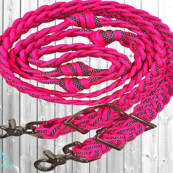 Hot Pink Diamond 8ft 9 Strand Adjustable Braided Knotted Paracord Barrel Reins Wither Strap Set Horse Pony Mini Sizes