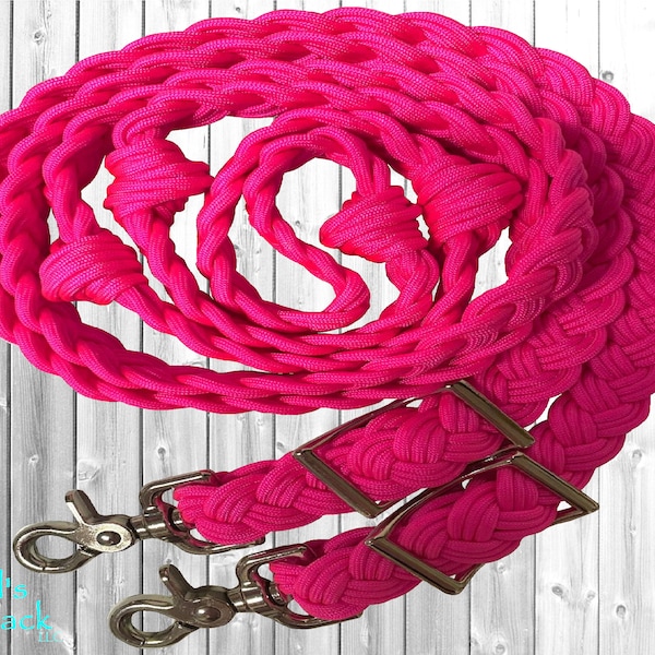 Solid Hot Pink 8ft 9 Strand Adjustable Braided Knotted Paracord Barrel Reins Roping Reins and Wither Strap Set Horse Pony Mini