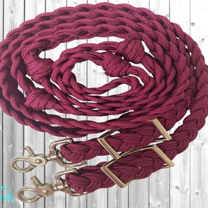 Solid Burgundy 8ft 9 Strand Adjustable Braided Knotted Paracord Barrel Reins Roping Reins and Wither Strap Set Horse Pony Mini