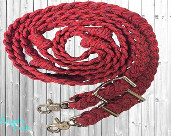 Coming in Hot Red Patterned 8ft 9 Strand Adjustable Braided Knotted Paracord Barrel Rein Roping Rein Wither Strap Set Horse Pony Mini