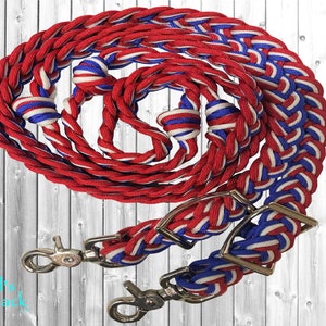 Freedom Red White and Blue Patriotic 9 Strand Adjustable Braided Knotted Paracord Barrel Reins and Wither Strap Set Horse Pony Mini