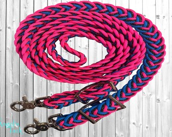 Hot Pink Blue and Black 8ft Adjustable Flat Braided Paracord Reins