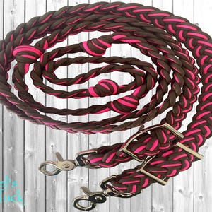 Saddle Up Brown and Hot Pink 8ft 9 Strand Adjustable Braided Knotted Paracord Barrel Reins Roping Reins and Wither Strap Set Horse Pony Mini