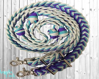 Tie Dye Turquoise Purple 8ft 9 Strand Adjustable Braided Paracord Barrel Reins Roping Reins and Wither Strap Set Horse Pony Mini