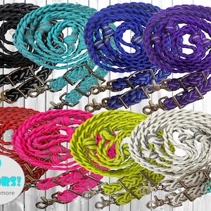 May include: Nine colors of braided leather reins with silver accents. The reins are arranged in a circle on a white wooden background. The text "9 COLORS! Click for more" is visible in the image.
