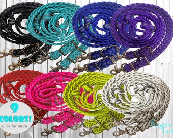 Diamond Patterned Barrel Reins 9 Strand Adjustable Knotted Braided Paracord Barrel Reins Horse Pony Mini Sizes Multiple Colors