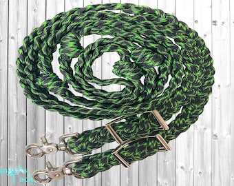 Cauldron Neon Green and Black 8ft 9 Strand Braided Knotted Paracord Barrel Reins Roping Reins Wither Strap Set Horse Pony Mini