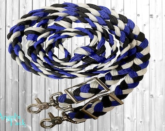 Cowboy Blue Black White 8ft 9 Strand Adjustable Braided Knotted Paracord Barrel Reins Roping Reins and Wither Strap Set Horse Pony Mini