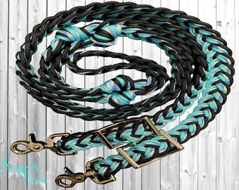 Caribbean Turquoise and Black Patterned Adjustable 9 Strand Braided Knotted Paracord Barrel Reins and Wither Strap Set Horse Pony Mini Sizes