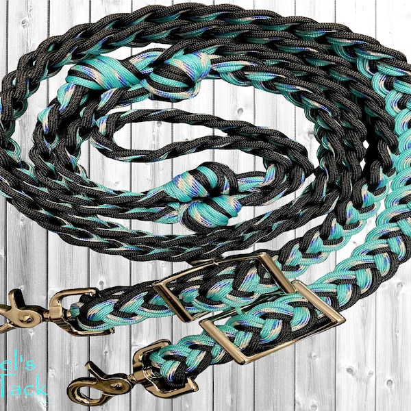 Caribbean Turquoise and Black Patterned Adjustable 9 Strand Braided Knotted Paracord Barrel Reins and Wither Strap Set Horse Pony Mini Sizes
