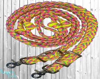 Jackpot Neon Yellow Pink Multicolor 8ft 9 Strand Adjustable Braided Knotted Paracord Barrel Reins Roping Reins Wither Strap Horse Pony Mini