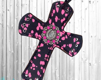 Hot Pink and Black Splatter Leather Saddle Cross