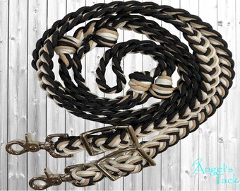Capuccino Tan White and Black 8ft 9 Strand Adjustable Braided Knotted Paracord Barrel Reins Wither Strap Set Horse Pony Mini