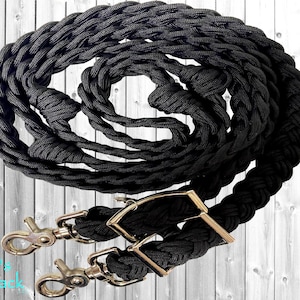 Black Solid 8ft 9 Strand Adjustable Braided Knotted Paracord Barrel Reins Roping Reins and Wither Strap Set Horse Pony Mini