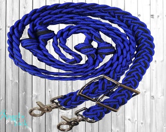 Haulin' Royal Blue and Black 8ft 9 Strand Adjustable Braided Knotted Paracord Barrel Reins Roping Reins Wither Strap Horse Pony Mini